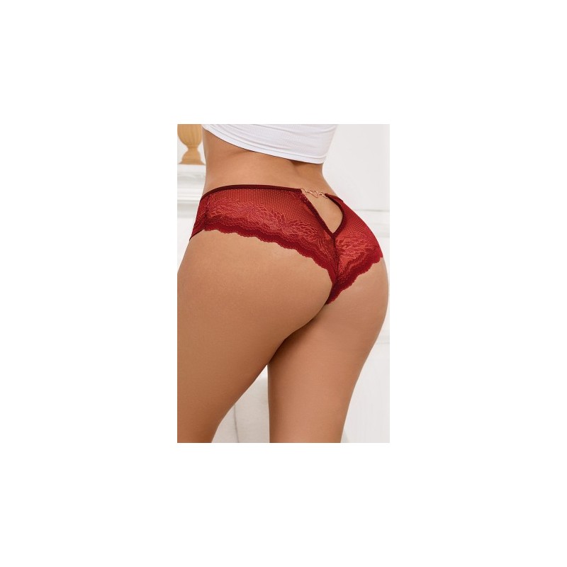 Tanga dentelle bijou Coeur Bordeaux - Litolu Lingerie