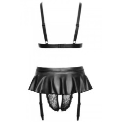 Soutien-gorge et slip fendu à jarretelles noir - Cottelli LINGERIE